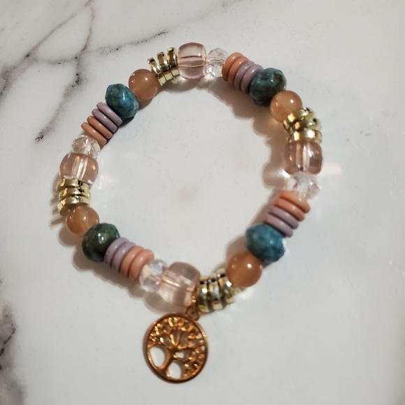 Multi-color beads gold tone Tree of Life Charm Stretch Bracelet - Picture 8 of 11